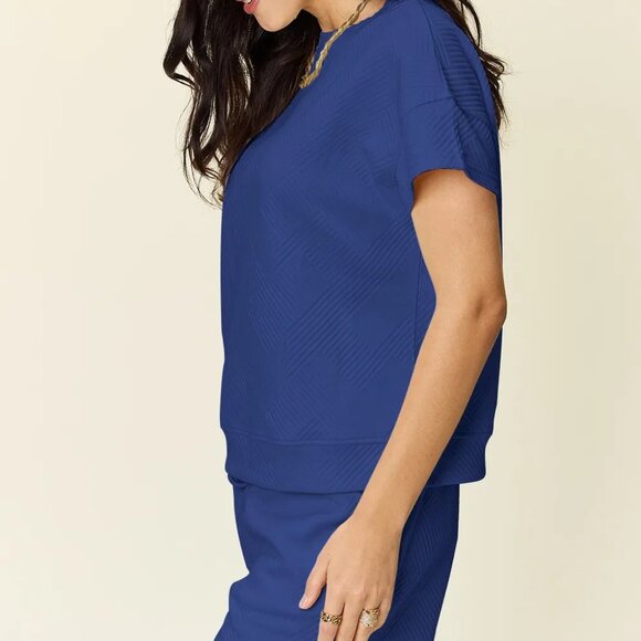 Double Take Full Size Texture Short Sleeve T-Shirt and Drawstring Shorts Set - Picture 3 of 3